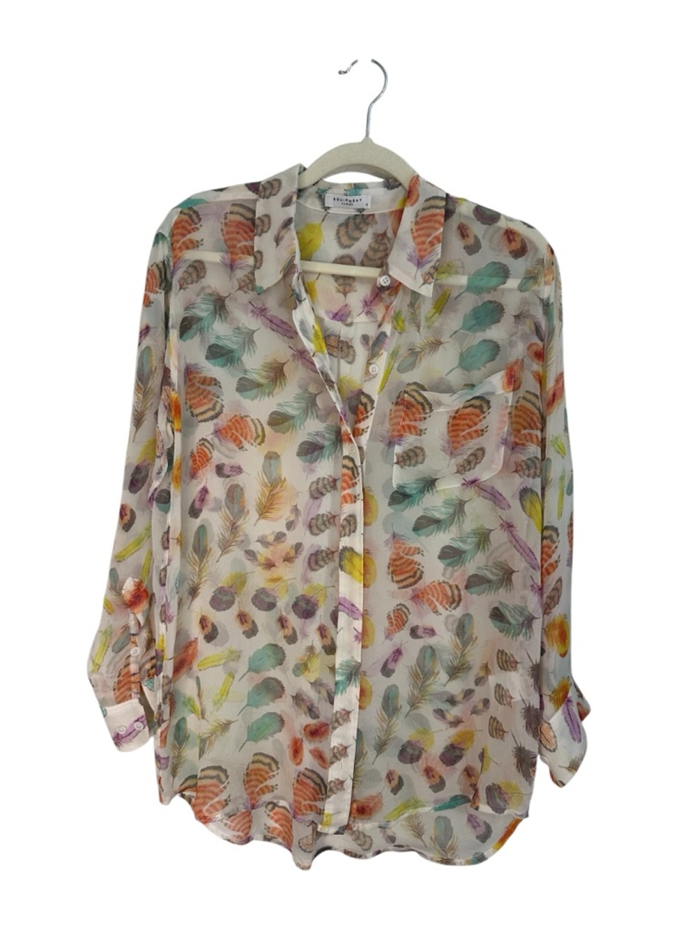 Equipment Femme Button Down Silk Blouse Sheer Feather Print Size Small - Picture 3 of 6